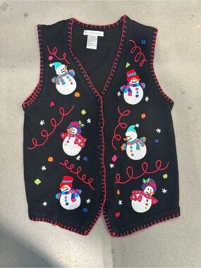 Victoria Jones Woman Black Holiday Snowman Vest with Multicolor Accents